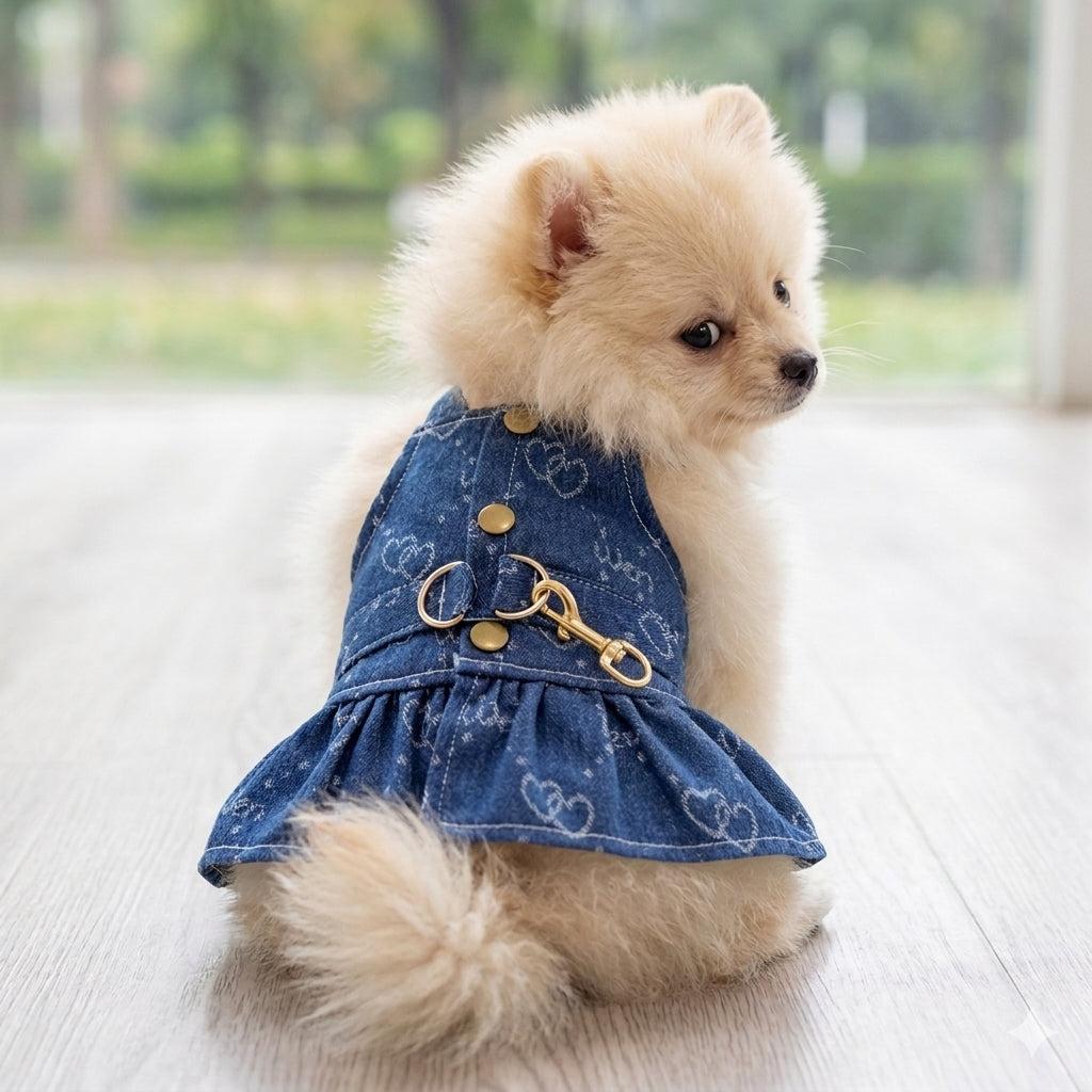 Denim dress harness with heart print and adjustable straps for pets