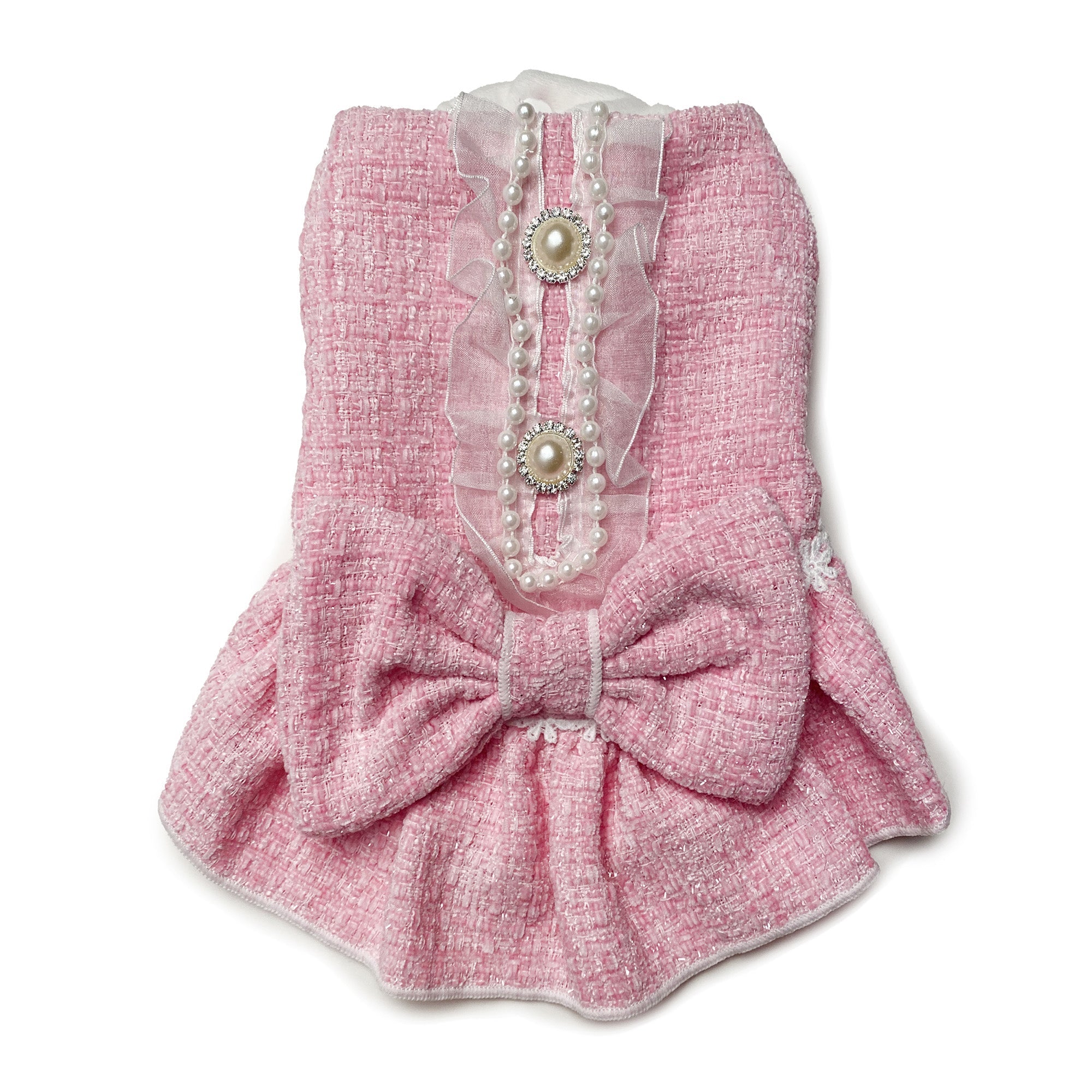 Pink tweed Beverly Dress for dogs with lace collar, pearl buttons, and pleated skirt with bow