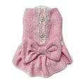 Load image into Gallery viewer, Pink tweed Beverly Dress for dogs with lace collar, pearl buttons, and pleated skirt with bow