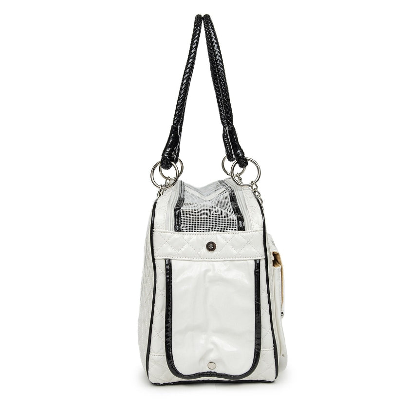 Clear handbag with black accents on a white background