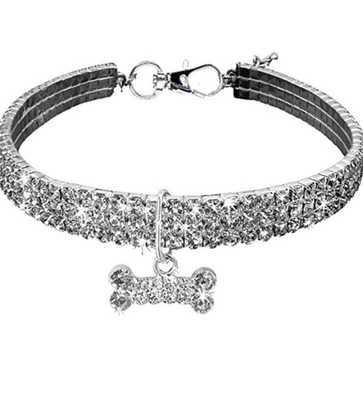 Blinged out Beverly Hills Chihuahua inspired necklace with rhinestone bone charm and adjustable clasp