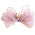 Load image into Gallery viewer, Duchess Bow pink sheer ribbon with gold trim and crown centerpiece alligator clip accessory 12.5cm x 9.5cm
