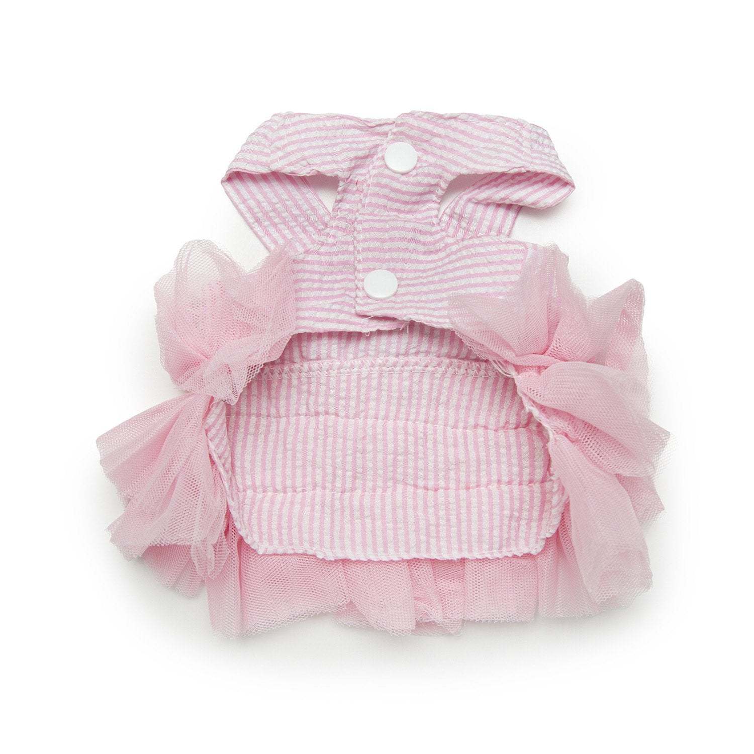 Pink fairytale dress for dogs with ruffle tulle skirt and button-up closure