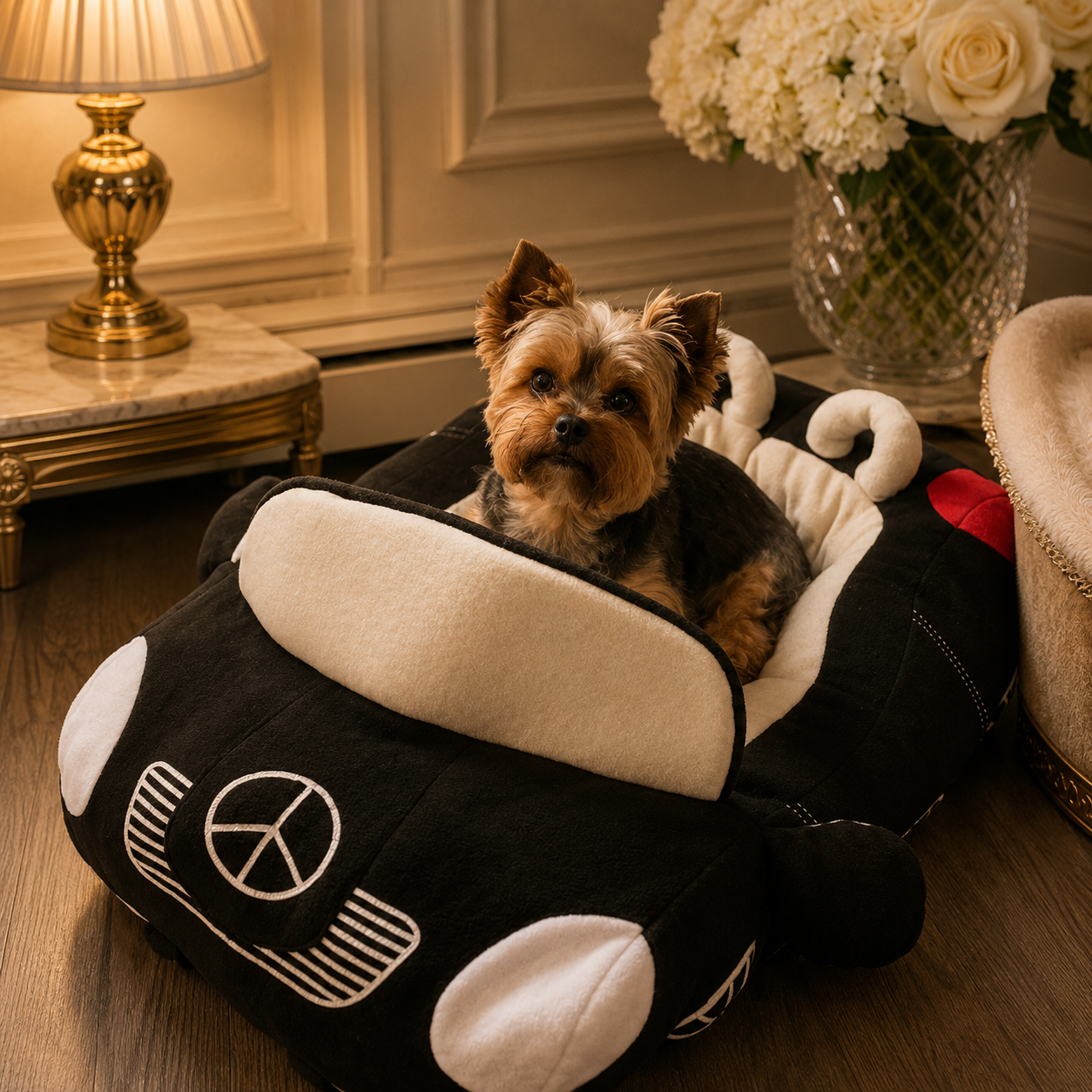Dog lying in a black and white car-shaped pet bed in a room with a lamp and flowers.