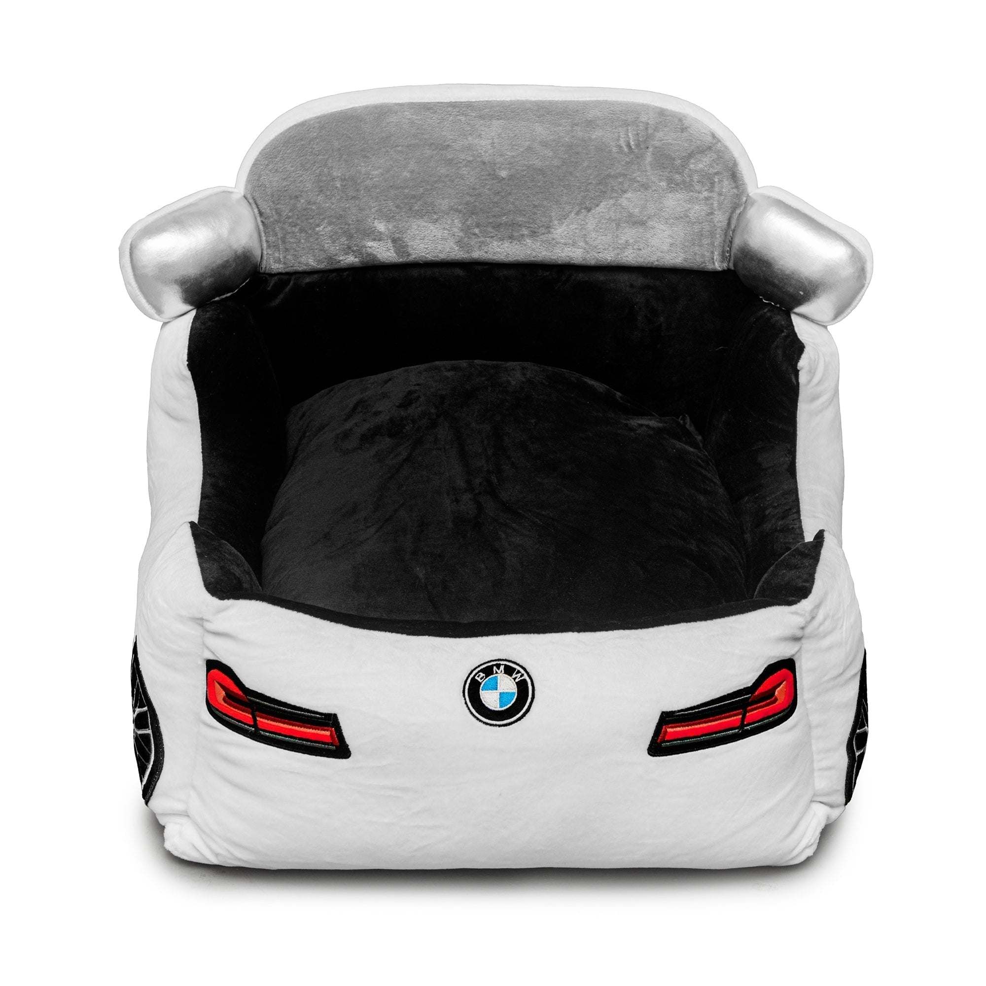 BMW bed for pets designed like a sporty BMW car with plush interior and detailed headlights and mirrors