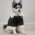 Load image into Gallery viewer, Small dog wearing a black coat with white fur on a plain background
