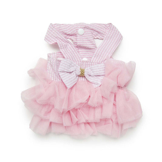Pink fairytale dress for pets with ruffle tulle skirt and bow detail
